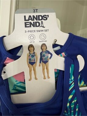 Lands' End Girls Blue Tropical Print One-Piece Swim Set with Rash Guard